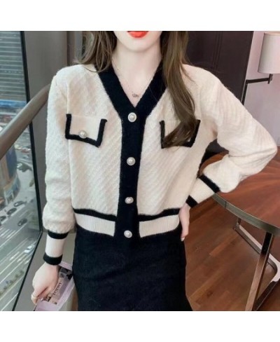 Autumn And Winter Color-blocking Knitted Top Women Cardigan Long-sleeved V-neck Short 2023 New Coat Fashion All-match Top $49...