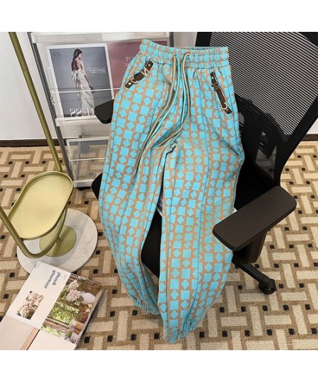 Vintage Hit Green Plaid Pants Leggings Women Summer Loose Soft High Street High Waist Harlan Lantern Elastic Waist Sweatpants...