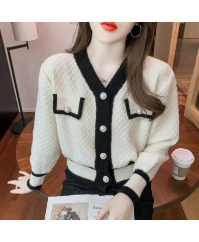 Autumn And Winter Color-blocking Knitted Top Women Cardigan Long-sleeved V-neck Short 2023 New Coat Fashion All-match Top $49...