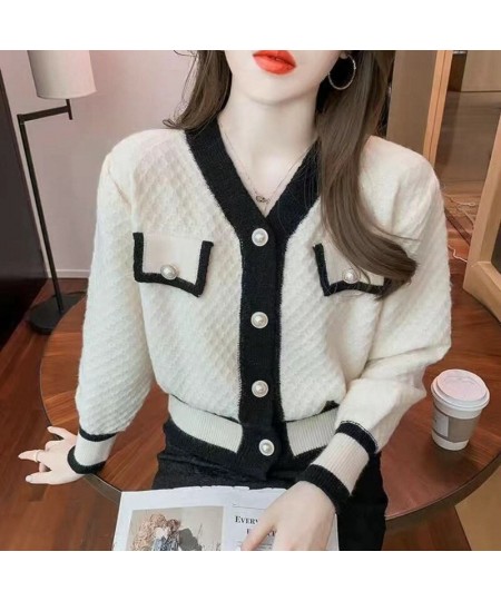 Autumn And Winter Color-blocking Knitted Top Women Cardigan Long-sleeved V-neck Short 2023 New Coat Fashion All-match Top $49...