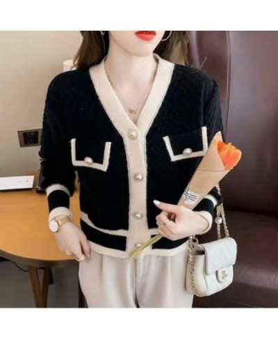 Autumn And Winter Color-blocking Knitted Top Women Cardigan Long-sleeved V-neck Short 2023 New Coat Fashion All-match Top $49...