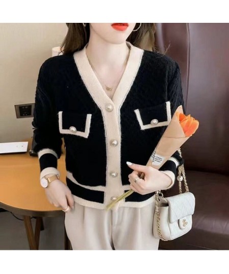 Autumn And Winter Color-blocking Knitted Top Women Cardigan Long-sleeved V-neck Short 2023 New Coat Fashion All-match Top $49...