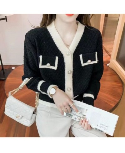 Autumn And Winter Color-blocking Knitted Top Women Cardigan Long-sleeved V-neck Short 2023 New Coat Fashion All-match Top $49...