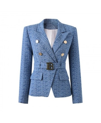 Custom Luxury Washed Fabric Wholesale Geometric Pattern Denim Jackets for Ladies Women Fashion Blazer with Belt $85.98 - Suit...