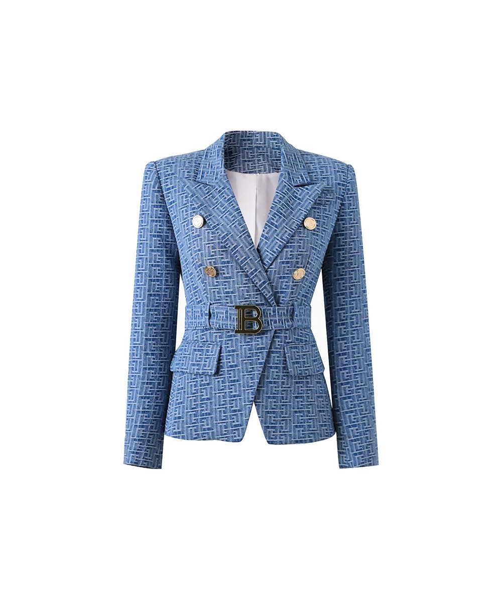 Custom Luxury Washed Fabric Wholesale Geometric Pattern Denim Jackets for Ladies Women Fashion Blazer with Belt $85.98 - Suit...