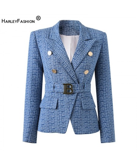 Custom Luxury Washed Fabric Wholesale Geometric Pattern Denim Jackets for Ladies Women Fashion Blazer with Belt $85.98 - Suit...