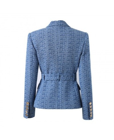 Custom Luxury Washed Fabric Wholesale Geometric Pattern Denim Jackets for Ladies Women Fashion Blazer with Belt $85.98 - Suit...