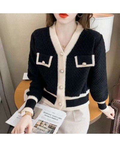 Autumn And Winter Color-blocking Knitted Top Women Cardigan Long-sleeved V-neck Short 2023 New Coat Fashion All-match Top $49...