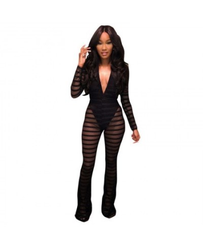 Sexy Striped Sheer Mesh Jumpsuit with Lining Women Long Sleeves Deep V- Neck Wide Leg Romper Clubwear Party Overalls Leotard ...