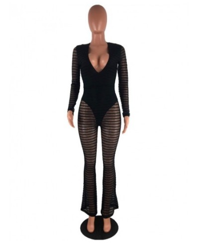 Sexy Striped Sheer Mesh Jumpsuit with Lining Women Long Sleeves Deep V- Neck Wide Leg Romper Clubwear Party Overalls Leotard ...