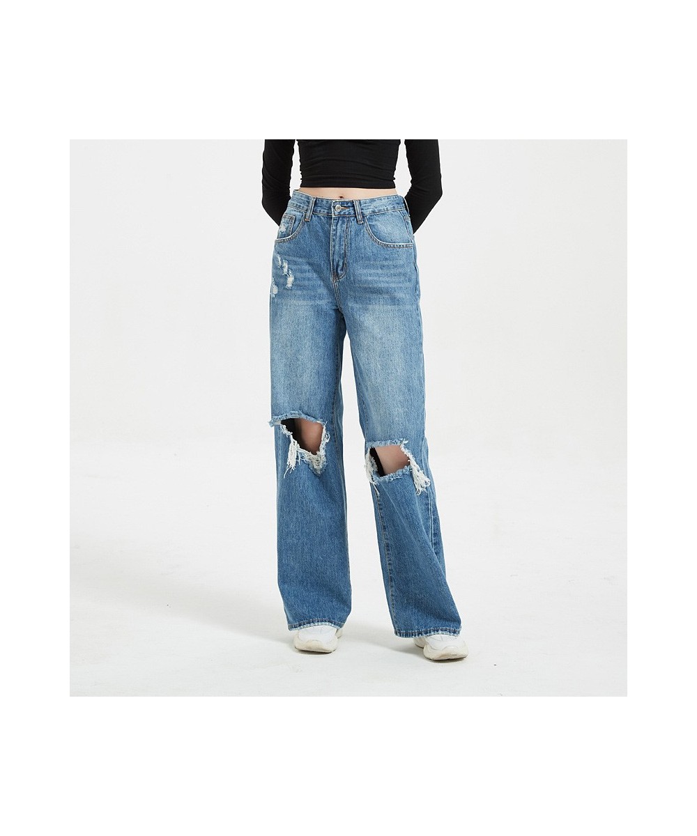 College girls' high-waisted wide-leg pants 2023 denim spring and autumn washed ladies casual ripped loose $54.15 - Jeans