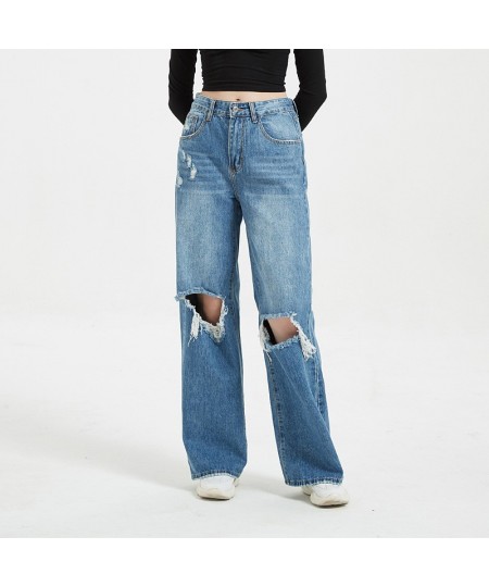 College girls' high-waisted wide-leg pants 2023 denim spring and autumn washed ladies casual ripped loose $54.15 - Jeans