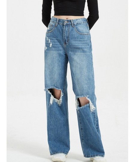 College girls' high-waisted wide-leg pants 2023 denim spring and autumn washed ladies casual ripped loose $54.15 - Jeans