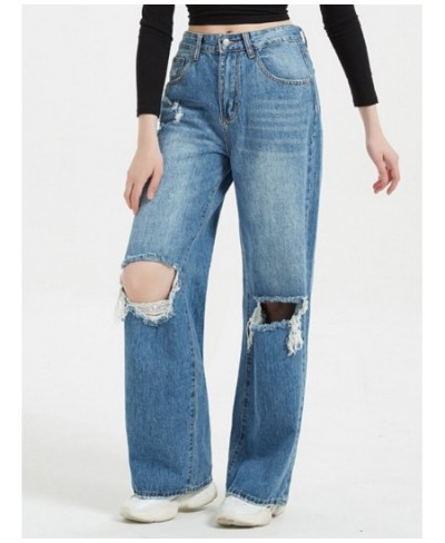 College girls' high-waisted wide-leg pants 2023 denim spring and autumn washed ladies casual ripped loose $54.15 - Jeans