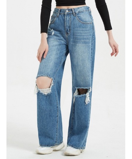 College girls' high-waisted wide-leg pants 2023 denim spring and autumn washed ladies casual ripped loose $54.15 - Jeans