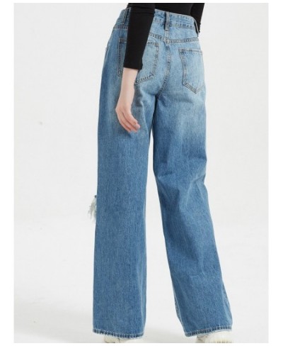 College girls' high-waisted wide-leg pants 2023 denim spring and autumn washed ladies casual ripped loose $54.15 - Jeans