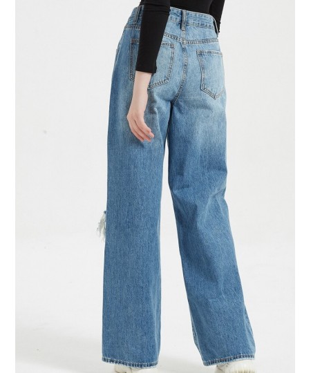 College girls' high-waisted wide-leg pants 2023 denim spring and autumn washed ladies casual ripped loose $54.15 - Jeans