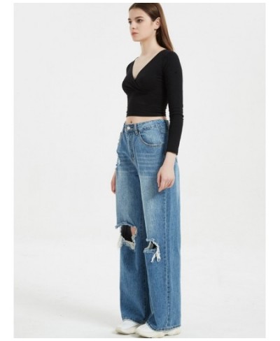 College girls' high-waisted wide-leg pants 2023 denim spring and autumn washed ladies casual ripped loose $54.15 - Jeans