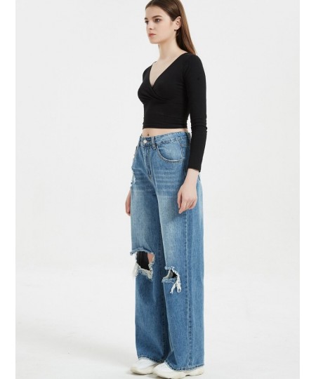 College girls' high-waisted wide-leg pants 2023 denim spring and autumn washed ladies casual ripped loose $54.15 - Jeans