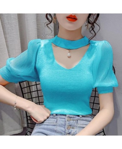 Korean Sweater Women Clothes Puff Sleeve Elegant Ladies Knit Tops Fashion Y2K Halter Sweaters 2022 Summer V Neck Woman Pullov...