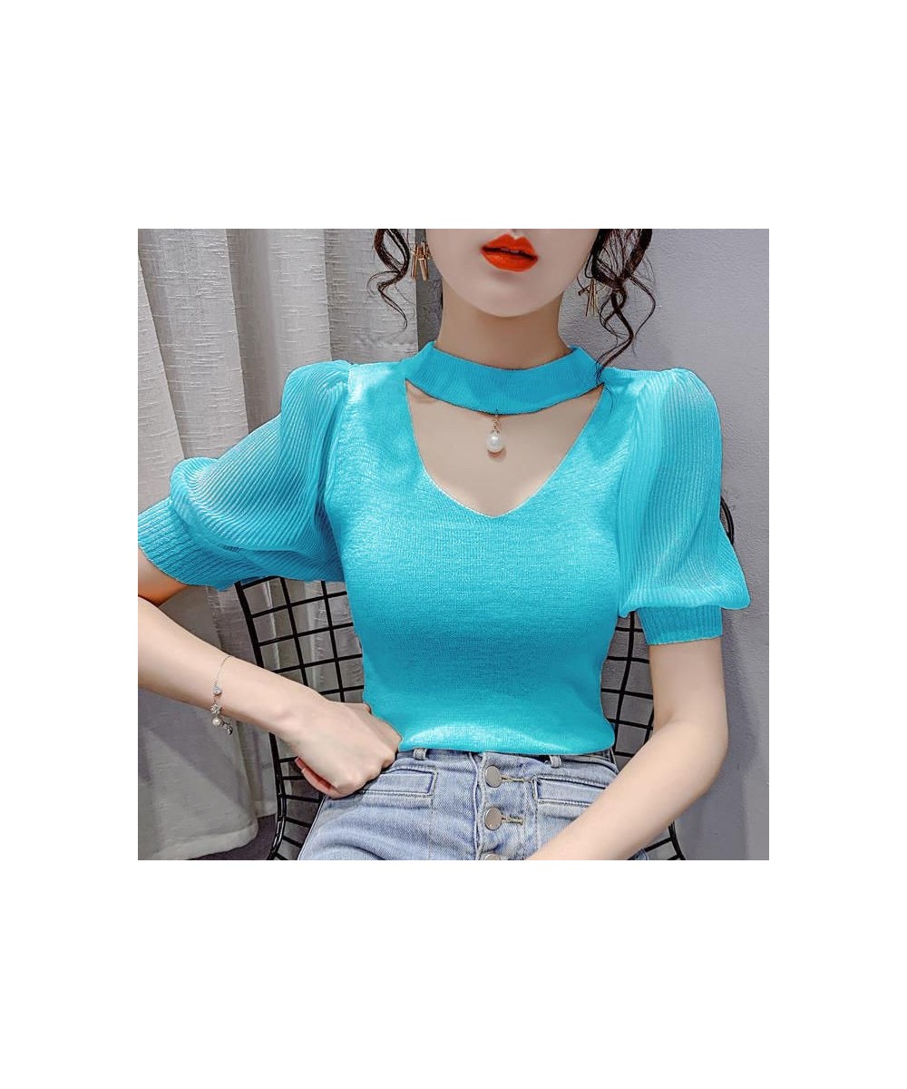 Korean Sweater Women Clothes Puff Sleeve Elegant Ladies Knit Tops Fashion Y2K Halter Sweaters 2022 Summer V Neck Woman Pullov...