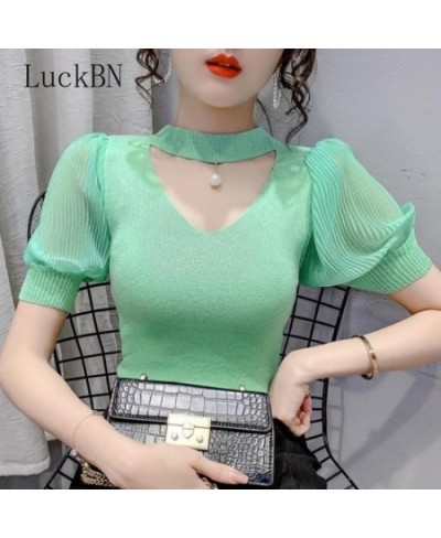 Korean Sweater Women Clothes Puff Sleeve Elegant Ladies Knit Tops Fashion Y2K Halter Sweaters 2022 Summer V Neck Woman Pullov...