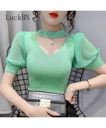 Korean Sweater Women Clothes Puff Sleeve Elegant Ladies Knit Tops Fashion Y2K Halter Sweaters 2022 Summer V Neck Woman Pullov...