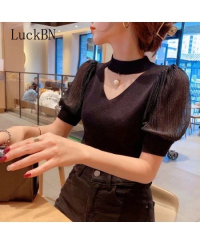 Korean Sweater Women Clothes Puff Sleeve Elegant Ladies Knit Tops Fashion Y2K Halter Sweaters 2022 Summer V Neck Woman Pullov...