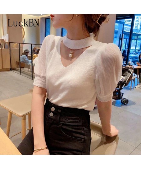 Korean Sweater Women Clothes Puff Sleeve Elegant Ladies Knit Tops Fashion Y2K Halter Sweaters 2022 Summer V Neck Woman Pullov...