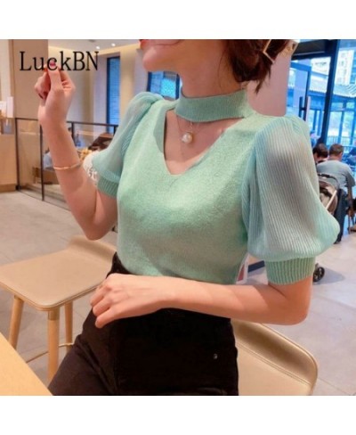 Korean Sweater Women Clothes Puff Sleeve Elegant Ladies Knit Tops Fashion Y2K Halter Sweaters 2022 Summer V Neck Woman Pullov...