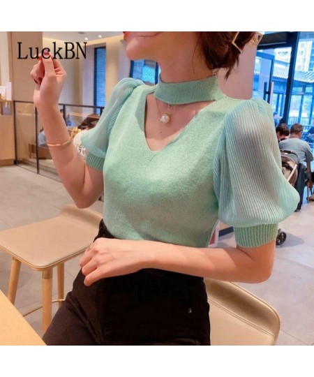 Korean Sweater Women Clothes Puff Sleeve Elegant Ladies Knit Tops Fashion Y2K Halter Sweaters 2022 Summer V Neck Woman Pullov...