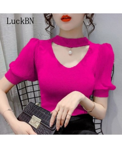 Korean Sweater Women Clothes Puff Sleeve Elegant Ladies Knit Tops Fashion Y2K Halter Sweaters 2022 Summer V Neck Woman Pullov...