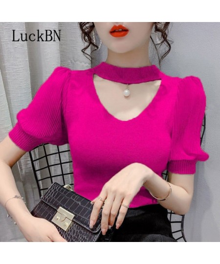 Korean Sweater Women Clothes Puff Sleeve Elegant Ladies Knit Tops Fashion Y2K Halter Sweaters 2022 Summer V Neck Woman Pullov...