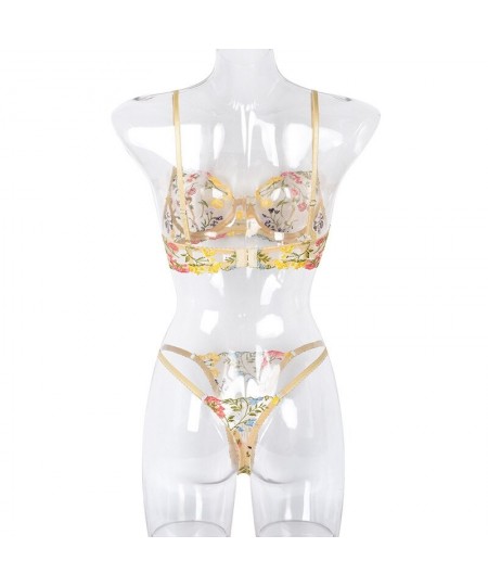 Floral Embroidery Lingerie Sexi Women's Mesh Luxury Underwear Exotic Clothes See Through Thong & Bra Sexy Porn Suits for Fema...