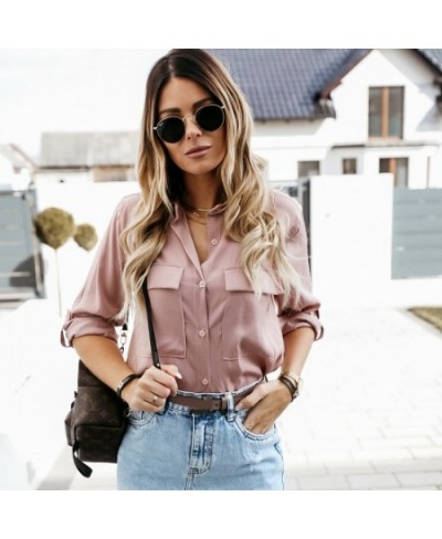 Women Single Buttons Pockets Elegant Blouse Long Sleeve Turn Down Collar Pink Simple Shirts 2023 New Office Lady Fashion Blou...