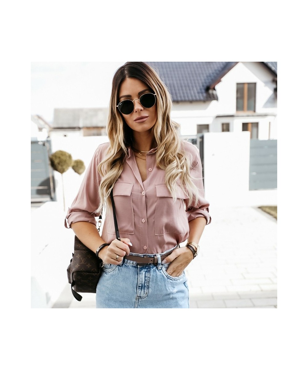 Women Single Buttons Pockets Elegant Blouse Long Sleeve Turn Down Collar Pink Simple Shirts 2023 New Office Lady Fashion Blou...