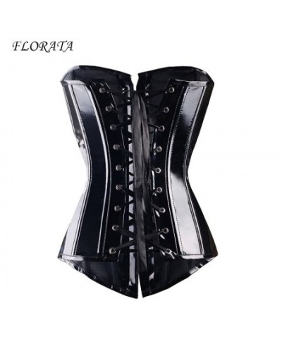 FLORATA Sexy women PVC Overbust Corset Steampunk Lingerie Top-Goth Corset Sexy Leather Waist Trainer $34.54 - Underwear