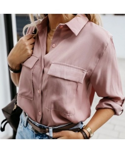 Women Single Buttons Pockets Elegant Blouse Long Sleeve Turn Down Collar Pink Simple Shirts 2023 New Office Lady Fashion Blou...