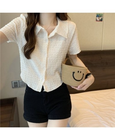 Retro Polo Collar Pleated Shirt Top Women 2023 Short Design Cardigan T-shirt Female Solid Slim Top Streetwear Spring Summer N...