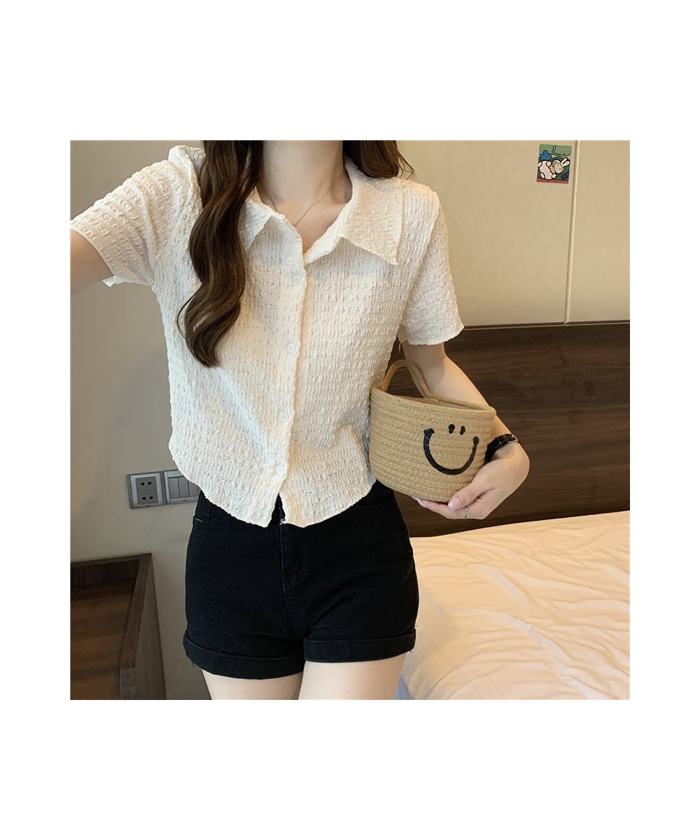 Retro Polo Collar Pleated Shirt Top Women 2023 Short Design Cardigan T-shirt Female Solid Slim Top Streetwear Spring Summer N...