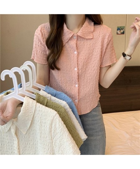 Retro Polo Collar Pleated Shirt Top Women 2023 Short Design Cardigan T-shirt Female Solid Slim Top Streetwear Spring Summer N...