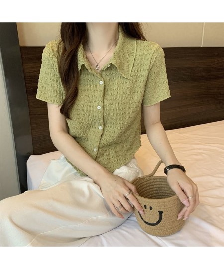 Retro Polo Collar Pleated Shirt Top Women 2023 Short Design Cardigan T-shirt Female Solid Slim Top Streetwear Spring Summer N...