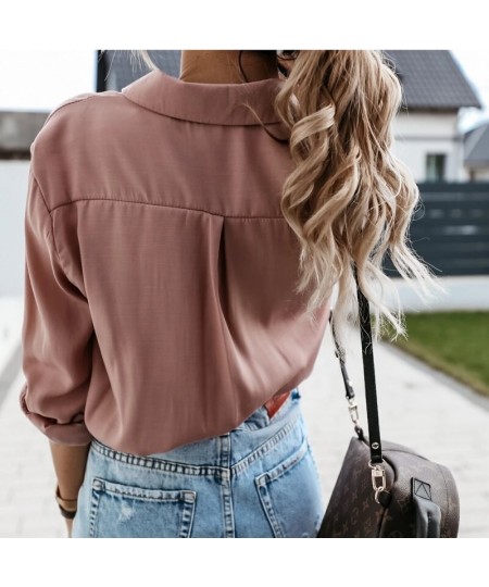 Women Single Buttons Pockets Elegant Blouse Long Sleeve Turn Down Collar Pink Simple Shirts 2023 New Office Lady Fashion Blou...