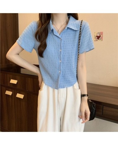 Retro Polo Collar Pleated Shirt Top Women 2023 Short Design Cardigan T-shirt Female Solid Slim Top Streetwear Spring Summer N...