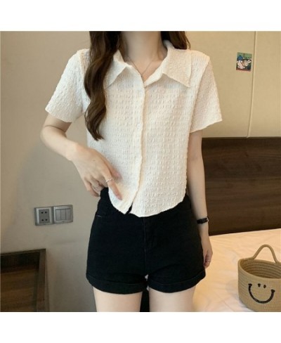 Retro Polo Collar Pleated Shirt Top Women 2023 Short Design Cardigan T-shirt Female Solid Slim Top Streetwear Spring Summer N...