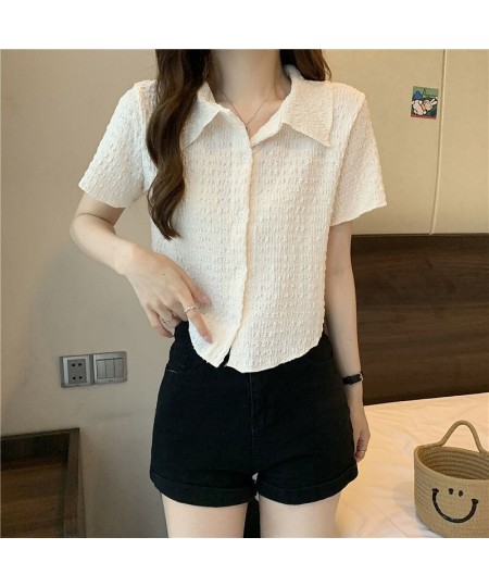 Retro Polo Collar Pleated Shirt Top Women 2023 Short Design Cardigan T-shirt Female Solid Slim Top Streetwear Spring Summer N...