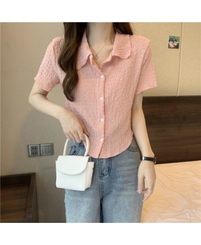 Retro Polo Collar Pleated Shirt Top Women 2023 Short Design Cardigan T-shirt Female Solid Slim Top Streetwear Spring Summer N...