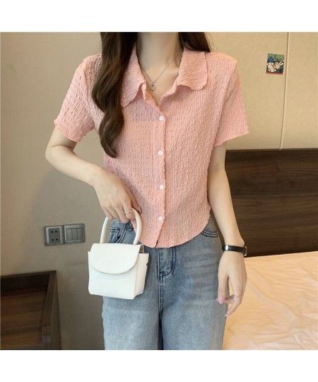 Retro Polo Collar Pleated Shirt Top Women 2023 Short Design Cardigan T-shirt Female Solid Slim Top Streetwear Spring Summer N...