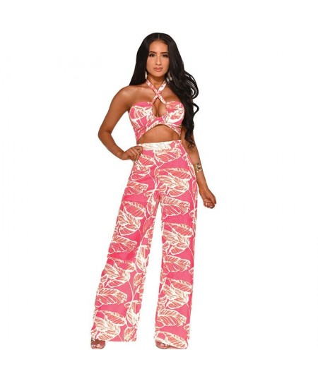 Women Off Shoulder Halter Jumpsuit Backless Romper Summer Print Hollow Out Wide Leg Jumpsuits Holiday Boho Beach Loose Overal...