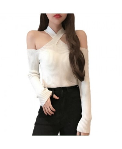 INS New Women Long Sleeve Twist Neckline Knitted Ribbed Pull Sexy Sweater Cold Shoulder Off Top Femme Pullover Clothes Jersey...